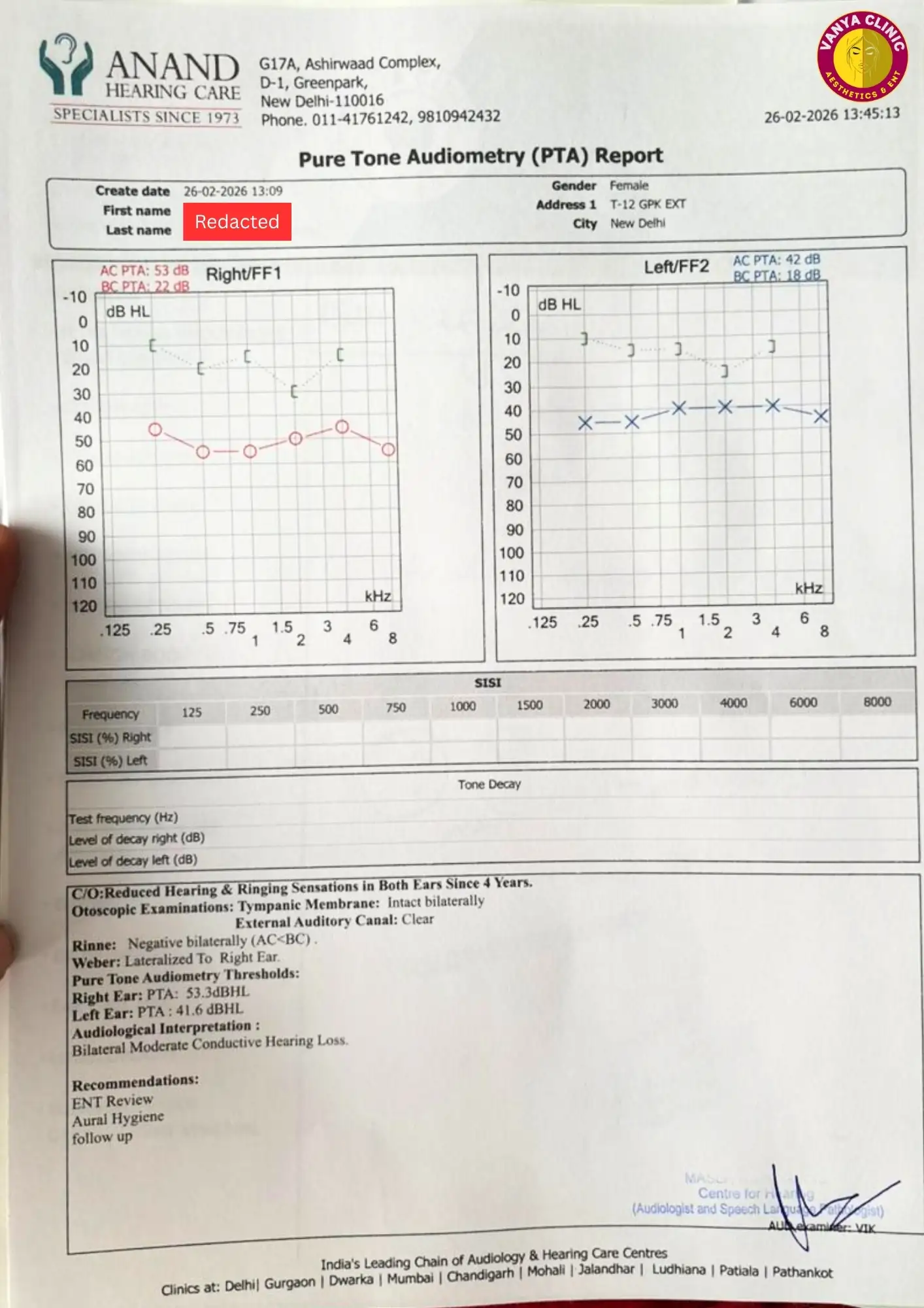 Stapedotomy Otosclerosis Surgery in Delhi - Get 10% Off Cost 4 Pure Tone Audiometry of Female Patient in Green Park, Delhi - 26-2-2026