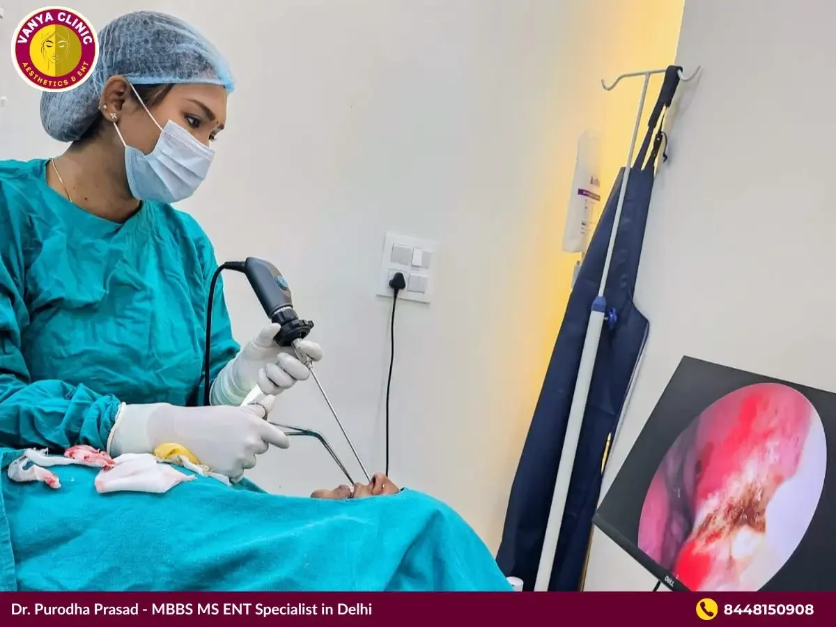 Dr. Purodha Prasad using endoscopy technique for foreign body removal from nose in Delhi.