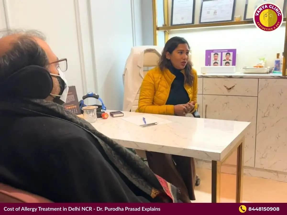 Dr. Purodha Prasad explaining cost of allergy treatment in Delhi to a patient.