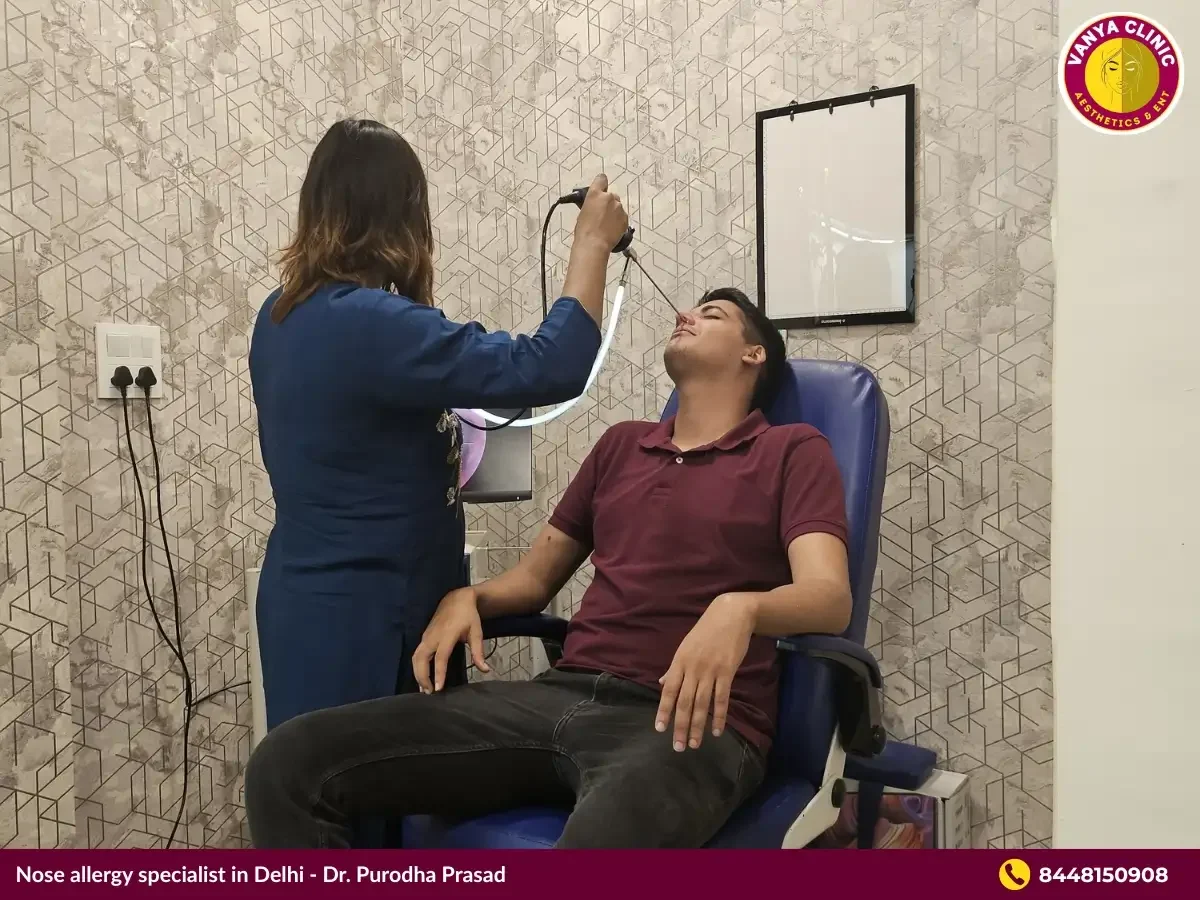 Dr. Purodha Prasad doing endoscopic nose allergy checkup.