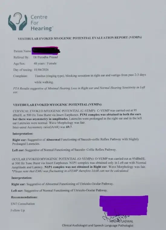 Vertigo Diagnostic Report by Dr. Purodha Prasad